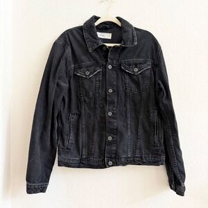 Topman Classic Black Denim Trucker Jacket Mens Large Faded‎ Wash Cotton